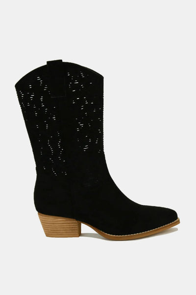 VU Faux Suede Laser Cut Block Heel Boots